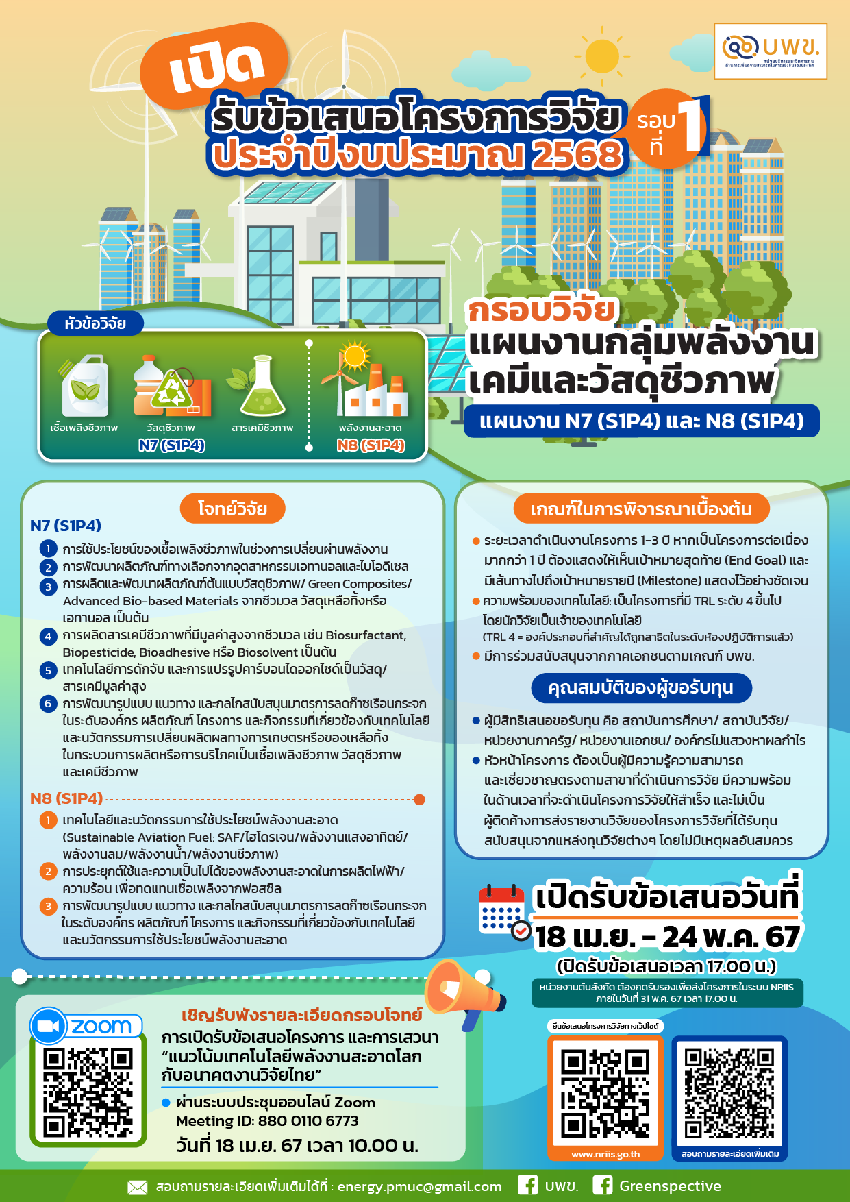 บพข. ประกาศรับข้อเสนอโครงการวิจัยฉบับสมบูรณ์ (Full proposal) ปี 2568 รอบ 1 แผนงานกลุ่มพลังงาน เคมี และวัสดุชีวภาพ